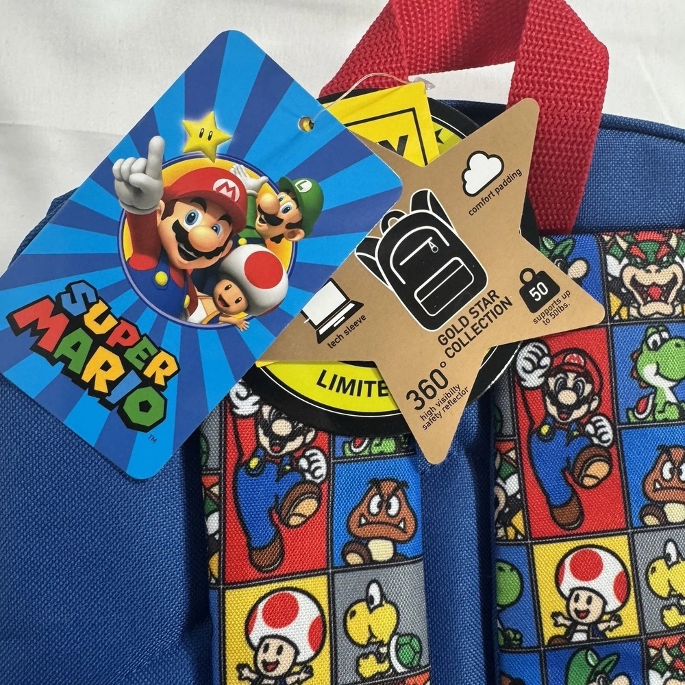 Super Mario Bros Backpack NWT Kid School 16" Bowser Yoshi Toad Star Charm Galaxy - Picture 2 of 6